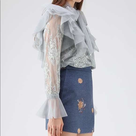 Floral and Ruffle Bowknot Lace Top in Dusty Blue - Picture 6 of 6